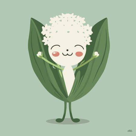 A cartoonish vegetable Wild garlic with a green leaf on its head and a smile. The vegetable is happy and he is enjoying itselfのイラスト素材
