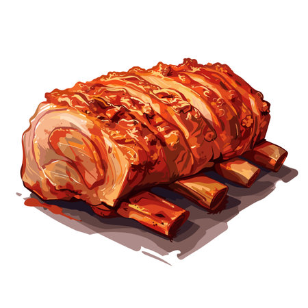 A drawing of a rack of ribs with a pink background. The ribs are shown in various stages of cooking, from raw to well done. The drawing conveys a sense of warmth and comfort. Hornado Roast Porkのイラスト素材