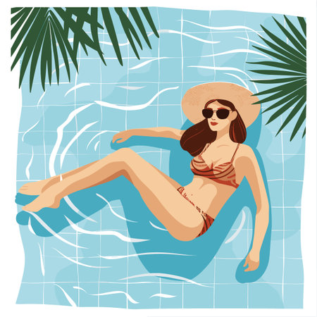 Young woman in a hat and swimsuit sunbathing in the poolのイラスト素材