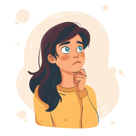 Upset young woman thinks about something. Vector illustration in cartoon styleのイラスト素材