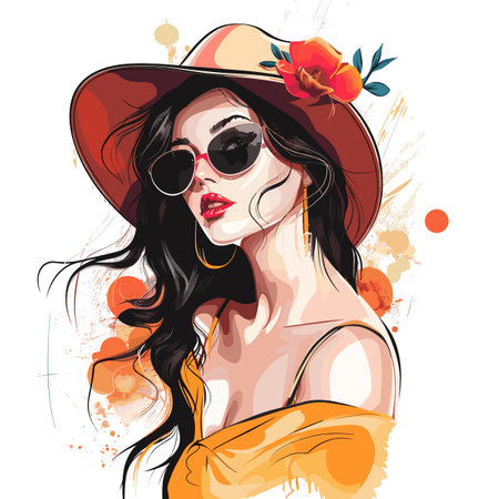 Beautiful young woman in hat and sunglasses. Vector fashion illustration.のイラスト素材