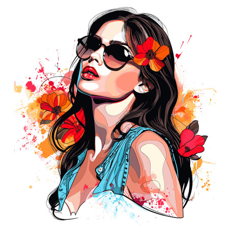 Beautiful girl in sunglasses with red flowers in her hair. Vector illustration.のイラスト素材