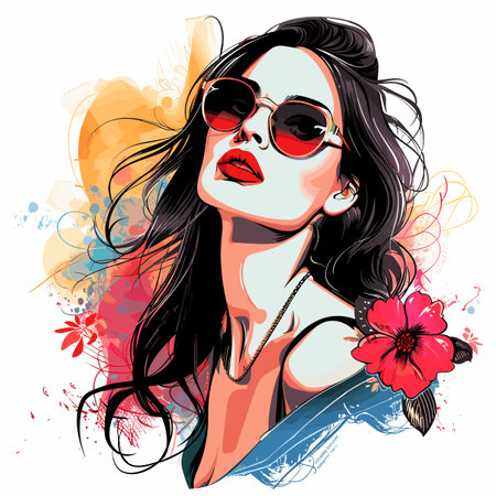 Beautiful girl in sunglasses with a flower in her hand. Vector illustration.のイラスト素材