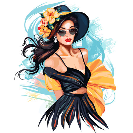 Beautiful girl in a hat and sunglasses with flowers. Vector illustration.のイラスト素材
