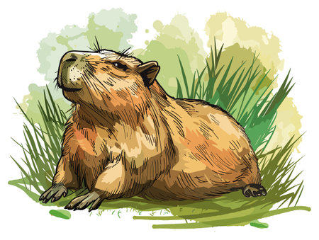 Cute beaver sitting in the grass. Vector illustration of a rodent.のイラスト素材