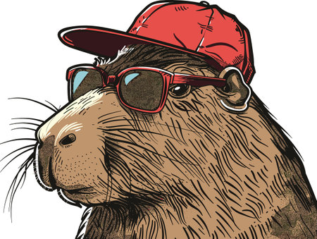 Bearded guinea pig in cap and sunglasses. Vector illustration ready for vinyl cutting.のイラスト素材