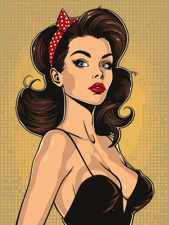 beautiful woman, retro style pop art pin up, flat vector illustrationのイラスト素材