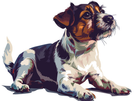 A dog is laying down on a white background. The dog is looking at the cameraのイラスト素材
