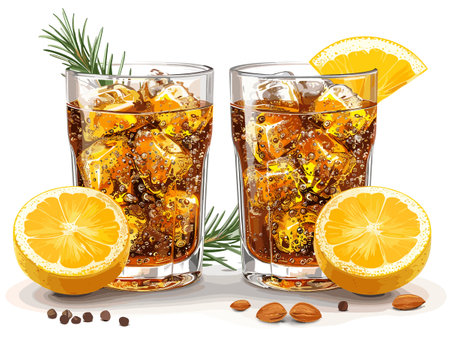 Two glasses of cola with ice cubes, lemon and rosemary on white backgroundのイラスト素材