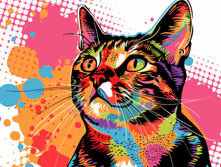 Vector illustration of cute cat with colorful paint splashes