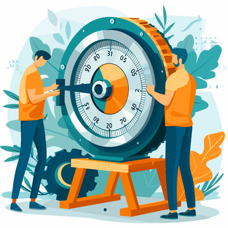 Two men are working on a machine with a large green dial. The dial is divided into three sections, with the middle section being the largest. The men are focused on their taskのイラスト素材