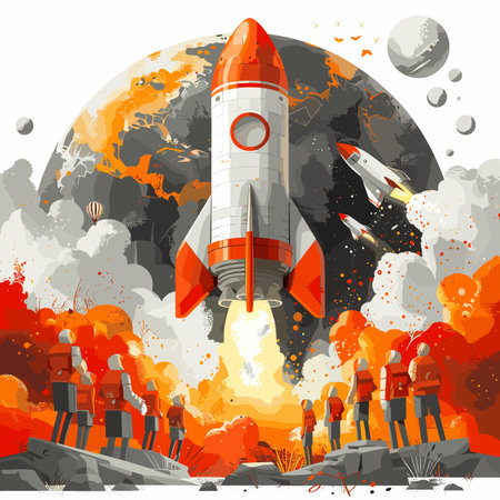A painting of a rocket launching into space with a group of people on the ground. The mood of the...