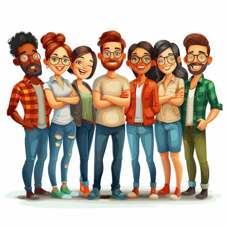 A group of people are posing for a picture, with one man wearing glasses. The group is diverse, with people of different races and genders. Scene is happy and friendly, as everyone is smilingのイラスト素材