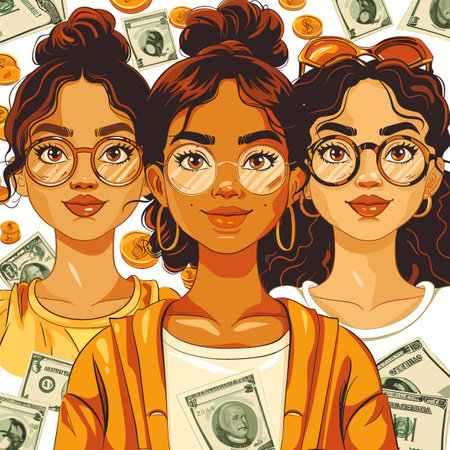 Three women with glasses and money on their headsのイラスト素材