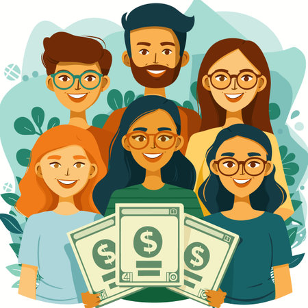 A group of people are holding up money and smiling. Concept of happiness and positivityのイラスト素材