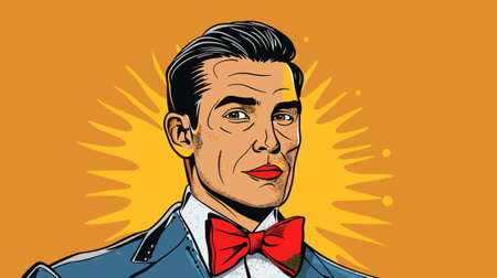 man in a suit and a red bow tie on a yellow background vector illustration in comic styleのイラスト素材