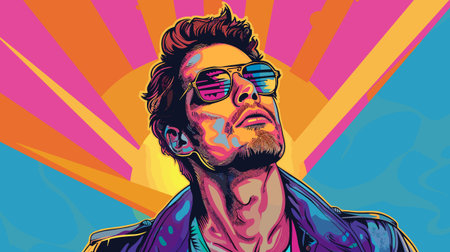 serious fashionable man in sunglasses and jacket on pink background flat vector illustration in pop...