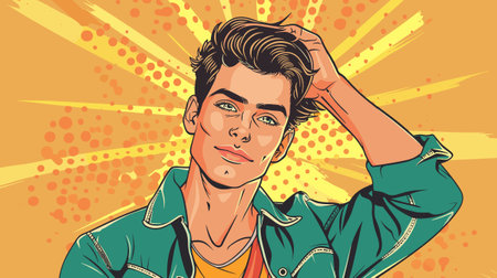 handsome man in a green jacket on an orange background vector flat illustration in comic styleのイラスト素材