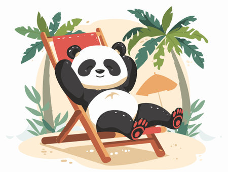 A cartoon panda is relaxing on a beach chair with an umbrella. The scene is bright and cheerful, with the panda looking happy and contentのイラスト素材