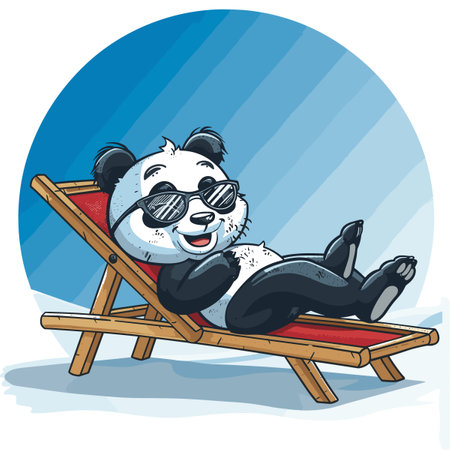 A cartoon panda is relaxing on a beach chair with sunglasses on. The panda is smiling and he is enjoying the sunのイラスト素材