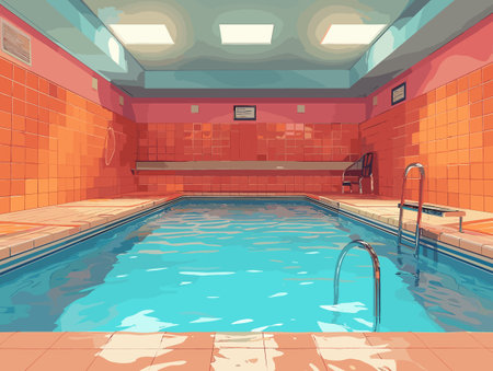 A cartoonish drawing of a swimming pool with a chair and a ladder. The pool is empty and the walls are orangeのイラスト素材