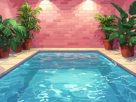 A cartoon drawing of a pool with palm trees and a pink building in the background. The pool is surrounded by lush greenery and has a few flowers in the foreground. Scene is relaxed and peacefulのイラスト素材