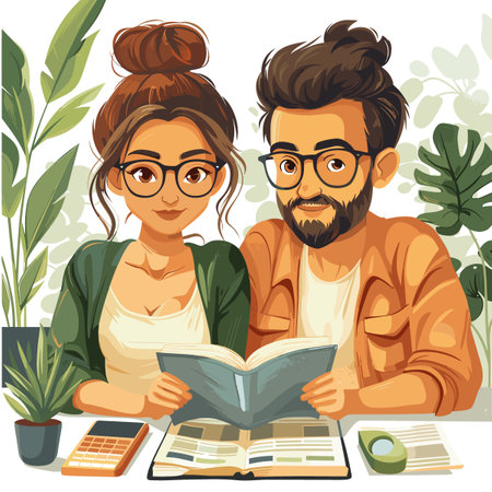 A man and woman are sitting at a table with a book in front of them. The man is wearing glasses and the woman is wearing a green jacket. Scene is that of a couple spending quality time togetherのイラスト素材