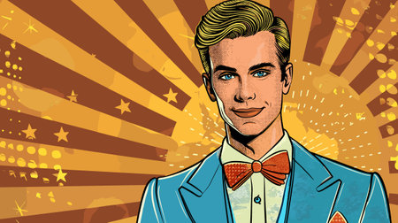 blond man in a blue tailcoat with a red bow tie in pin-up style vector illustrationのイラスト素材
