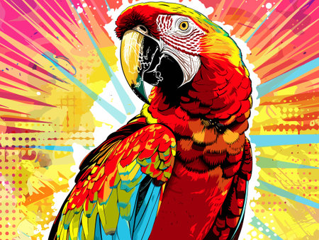 A colorful parrot is perched on a yellow background. The parrot is the main focus of the image, and its vibrant colors create a lively and cheerful mood. The yellow background adds a pop of colorのイラスト素材