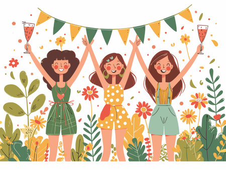 summer party Three women are holding up their glasses and smiling, celebrating a special occasion. The background features a colorful and lively scene of flowers and plants, adding to the festive atmosphereのイラスト素材