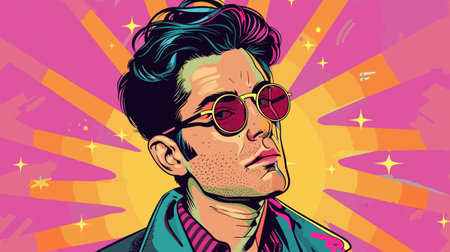 serious fashionable man in sunglasses and blue jacket on pink background flat vector illustration in...