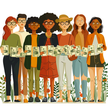 A group of people holding money in their hands. Concept of unity and solidarity, as the people are standing together and holding their money in a row. Scene is positive and upliftingのイラスト素材