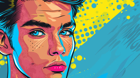 portrait of a man with blue eyes on a yellow and blue backgroundのイラスト素材
