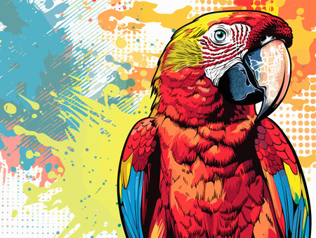 A colorful parrot is the main subject of the image. The parrot is perched on a colorful background, which adds to the vibrant and lively atmosphere of the scene. The parrot's bright colorsのイラスト素材