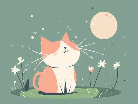 Cute cat sitting in the grass with flowers. Vector illustration.のイラスト素材