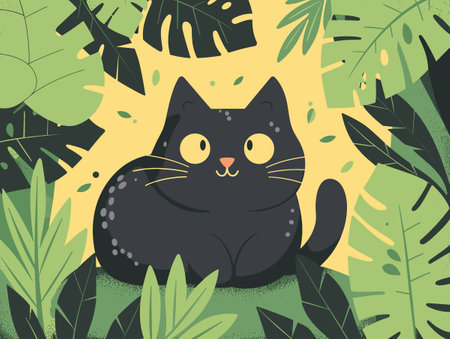 Cute black cat sitting among tropical leaves. Vector illustration in flat cartoon style.のイラスト素材