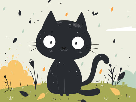 Cute black cat sitting in the meadow. Vector illustration.のイラスト素材