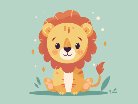 Cute cartoon lion sitting on the ground. Vector illustration in flat style.のイラスト素材