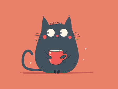 Cute black cat with a cup of coffee. Vector illustration.のイラスト素材