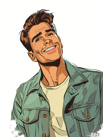 Vector illustration of a smiling man in a jacket. Pop art style.のイラスト素材