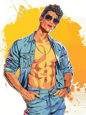 Handsome young man in jeans and sunglasses. Vector illustration.のイラスト素材