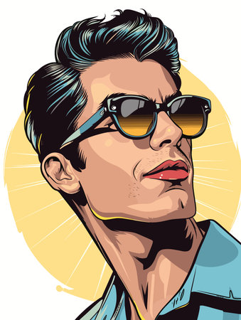 Portrait of a young man with sunglasses. Vector illustration in retro style.のイラスト素材