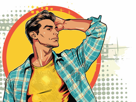 Handsome young man in a plaid shirt. Vector illustration.のイラスト素材