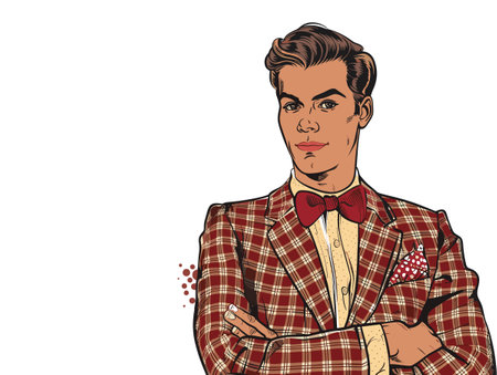 Vector illustration of a handsome young man in checkered shirt and bow tie.のイラスト素材