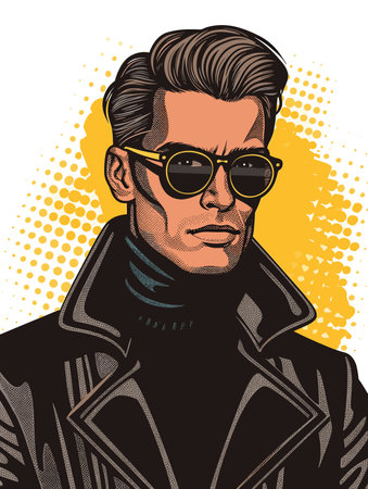 Portrait of a handsome man in black coat and sunglasses. Vector illustration.のイラスト素材