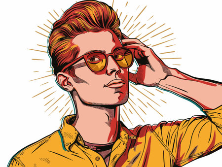 Young man in yellow shirt and sunglasses. Pop art retro vector illustrationのイラスト素材