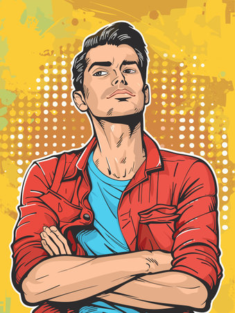 Handsome man in red jacket. Pop art retro vector illustrationのイラスト素材