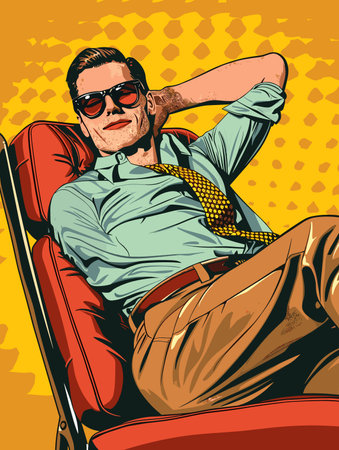 Retro businessman sitting in a chair. Pop art retro vector illustrationのイラスト素材