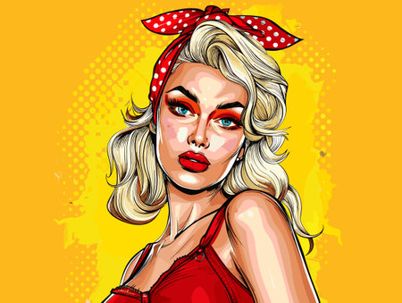 Beautiful blonde woman with red bow on her head. Vector illustrationのイラスト素材
