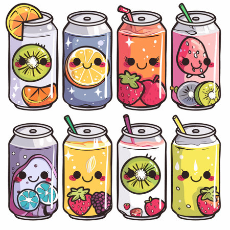 Fruit and berry smoothies in colorful cans. Vector illustration.のイラスト素材